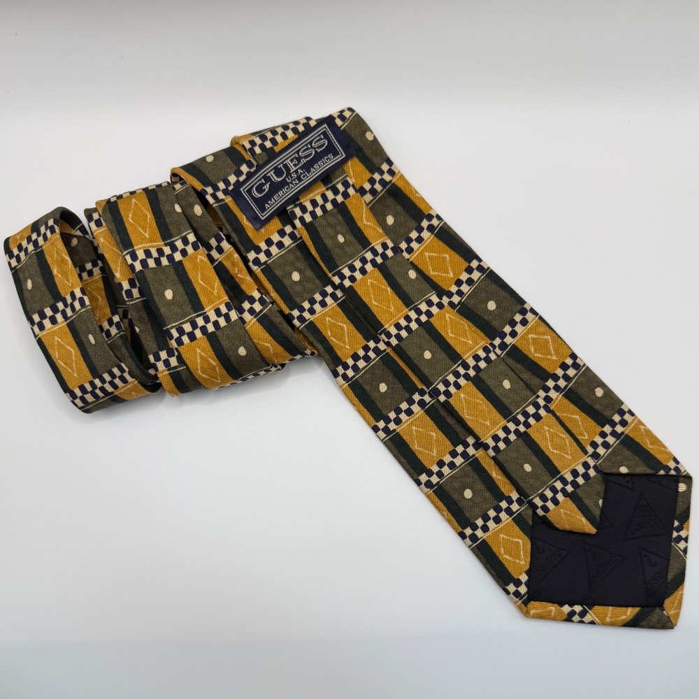 Guess Silk Tie OS Vintage 90s Geometric Diamond Checkered Mustard Olive Navy - Picture 3 of 7